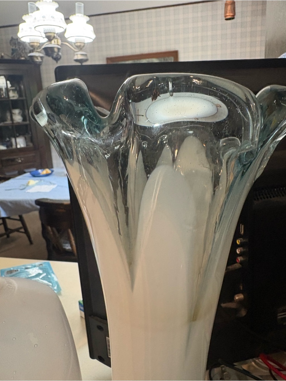 Blue and White Swirl Glass Vase swung glass vintage era